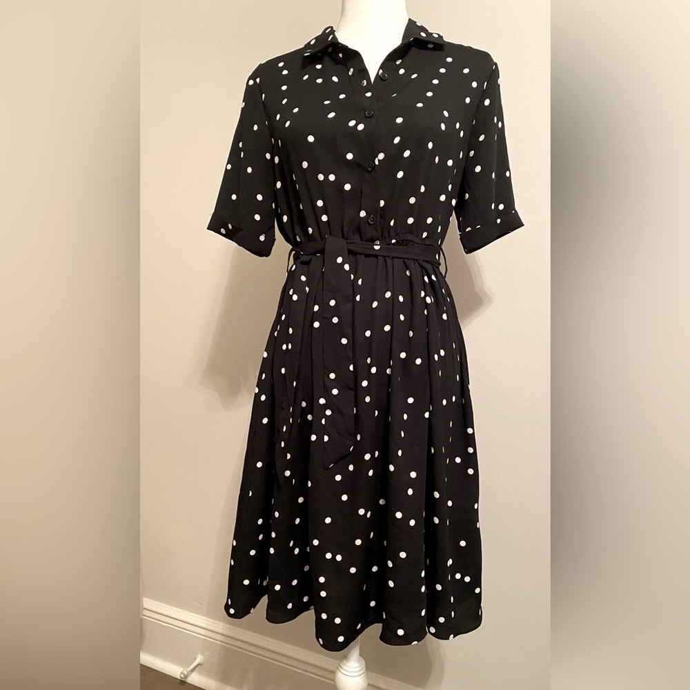 Maison Jules Black and White Polka-Dot Midi Shirt Dress with Tie Waist